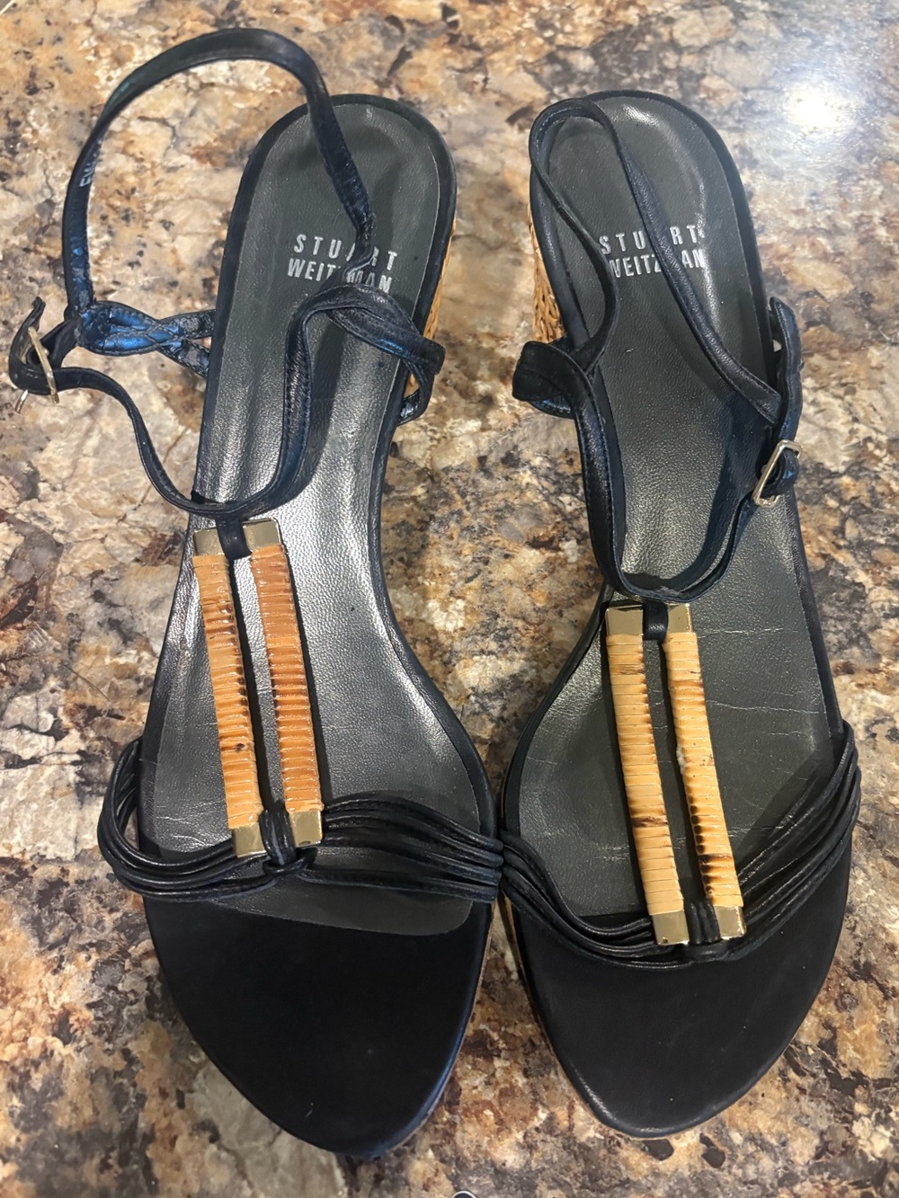 Stuart Weitzman Black Leather Slingback Sandals with Tan Accents